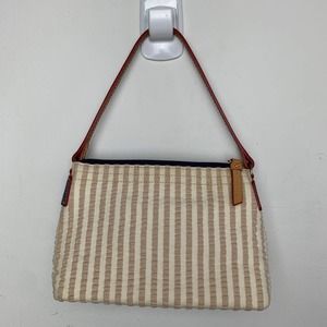 DOONEY & BOURKE Vintage Small Shoulder Bag Cream Tan Stripe Fabric Leather Trim